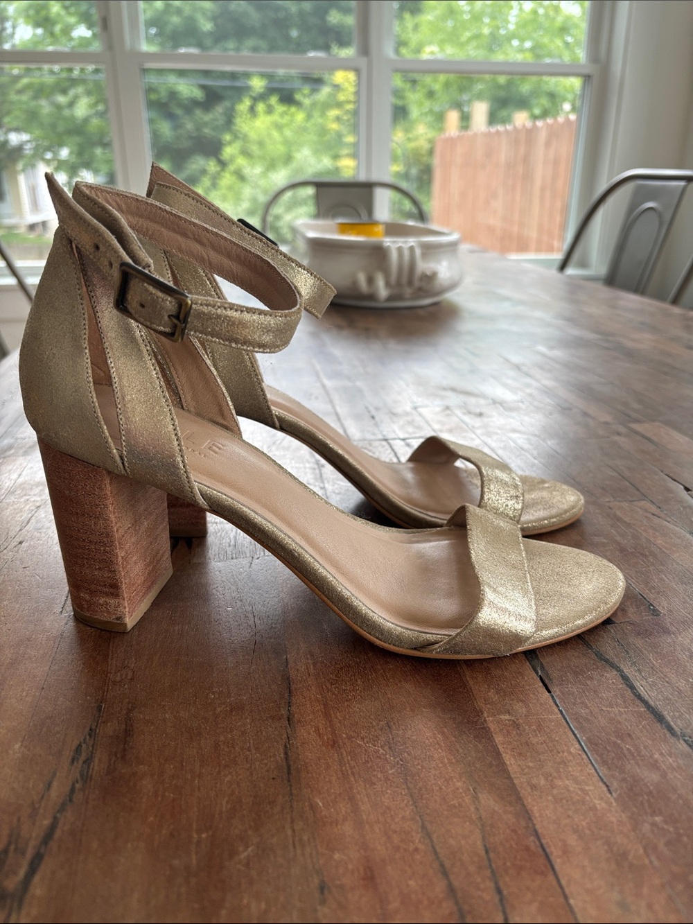 Able Metallic Gold Block Heel Ankle-Strap Sandals